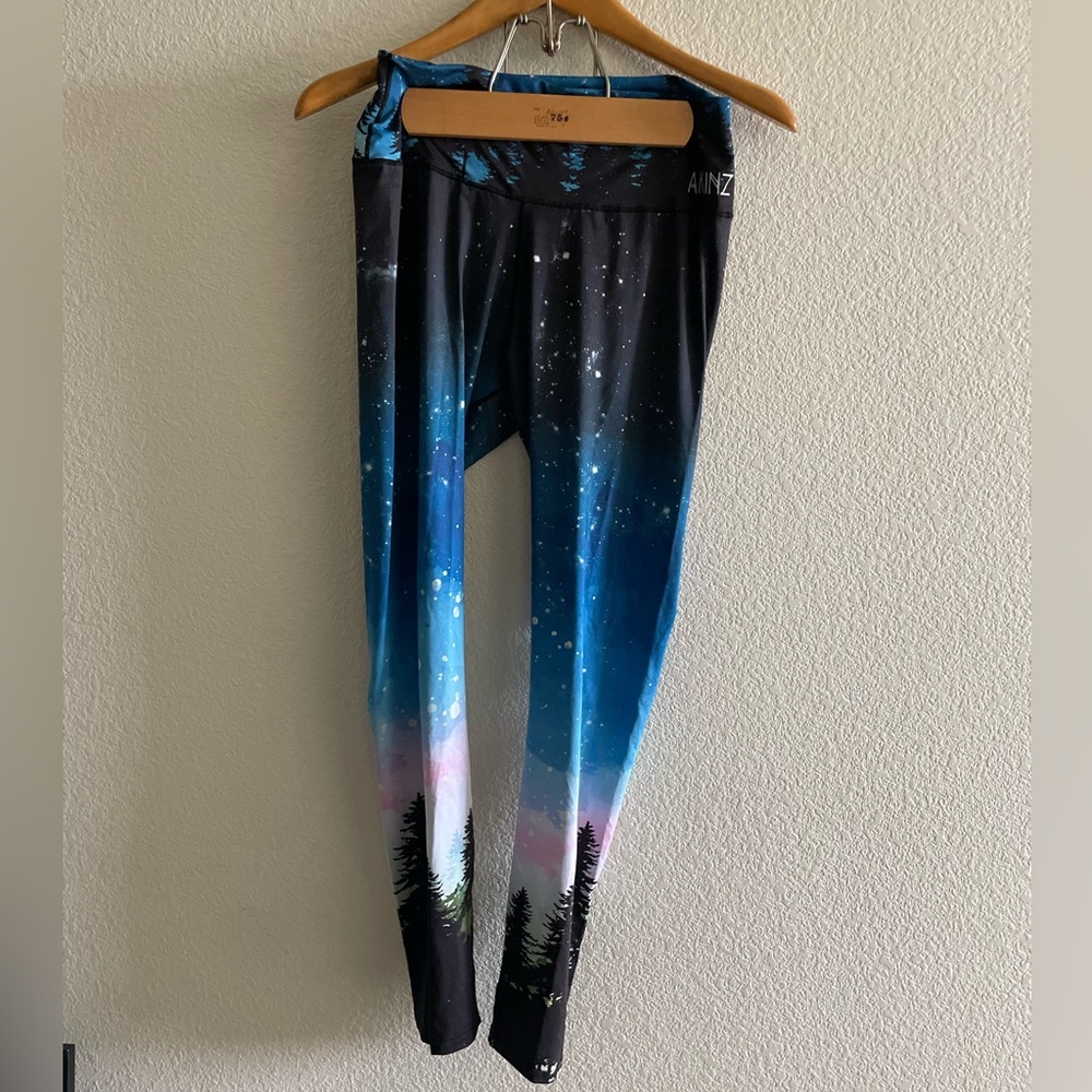 Akinz Leggings neon wanderlust - sunrise pink mountain and trees design USA made